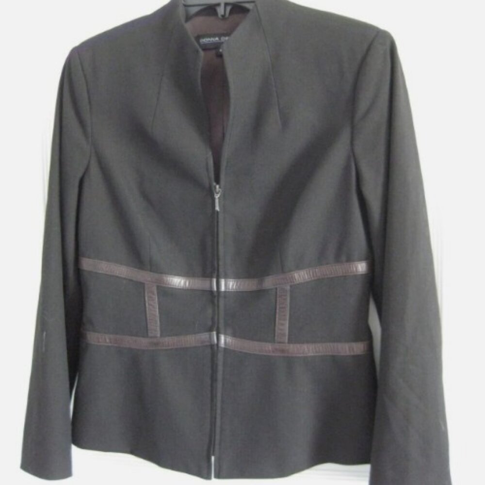 Donna Degnan Womens Zip Leather Contrast Jacket Blazer Black Brown Size 6